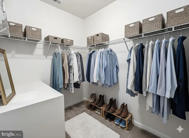 a view of walk in closet with clothes and shoes