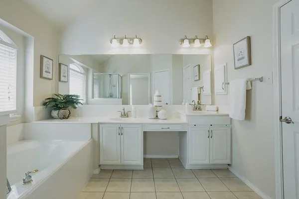 a spacious bathroom with a bathtub sink and mirror