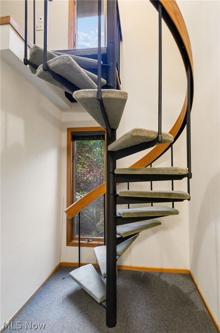 200 Hampshire Road Akron, OH 44313 - Photo 40 of 50 Spiral staircase with carpeted treads, a black metal frame, and a wood-finish handrail