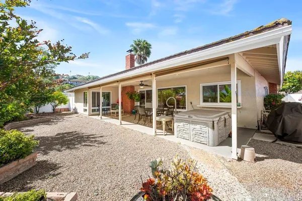 front view of a house with a patio
