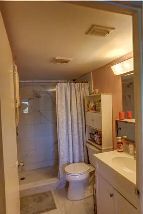 a bathroom with a sink a toilet and shower