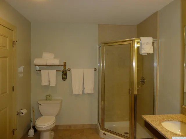 a bathroom with a granite countertop sink toilet and shower