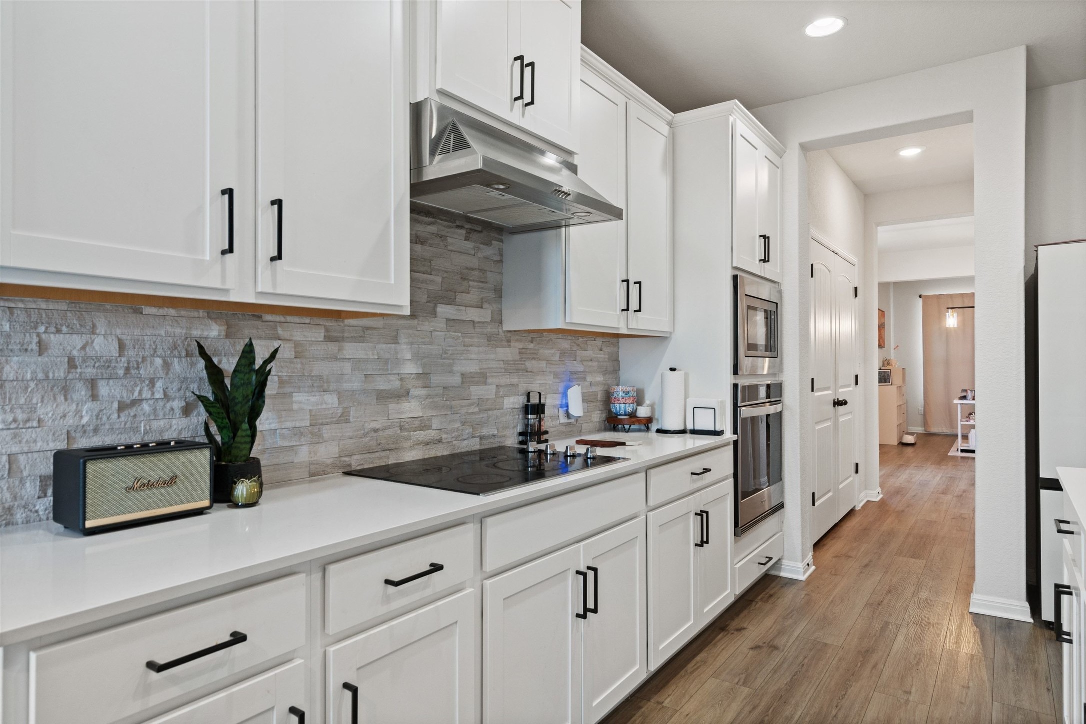 100 Panico Road Hutto, TX 78634 - Photo 4 of 28 A sleek, contemporary kitchen with pristine white cabinetry and elegant wood flooring awaits.