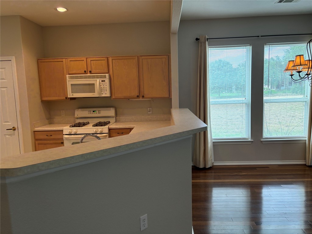 106 Bowie Circle Georgetown, TX 78633 - Photo 21 of 33 a kitchen with stainless steel appliances a sink a stove and a microwave