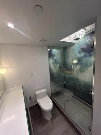 a bathroom with a shower and toilet