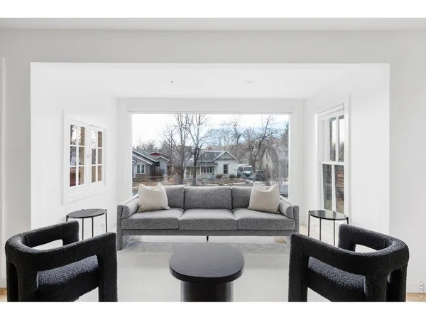 a living room with furniture and a floor to ceiling window