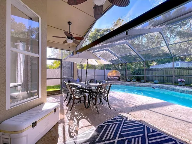 an aerial view of a house with a garden