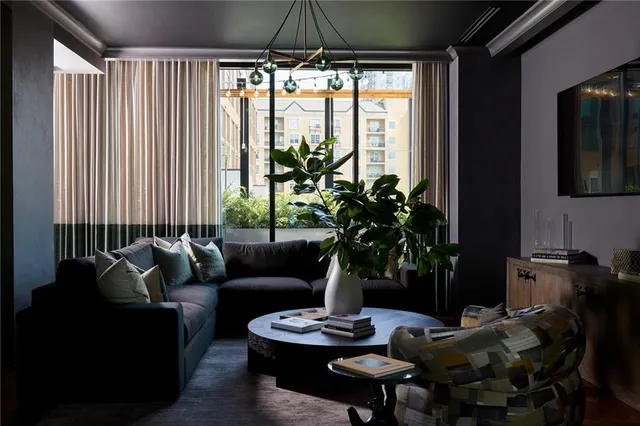 a living room with furniture and a potted plant