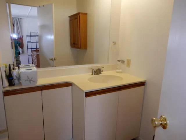 a bathroom with a sink and a mirror