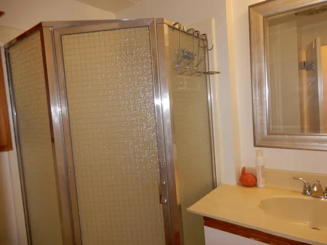 a bathroom with a shower and a sink