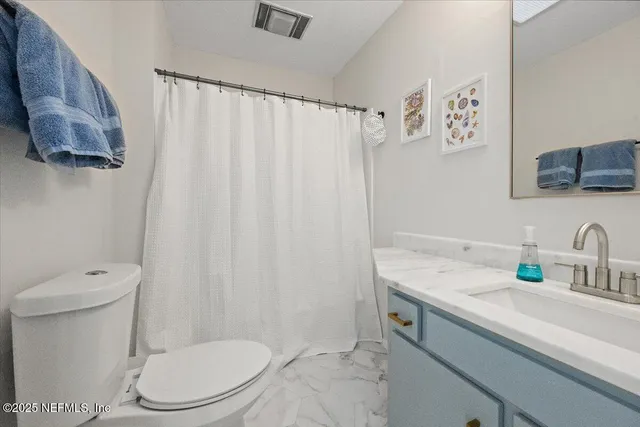 a bathroom with a sink a toilet and shower curtain