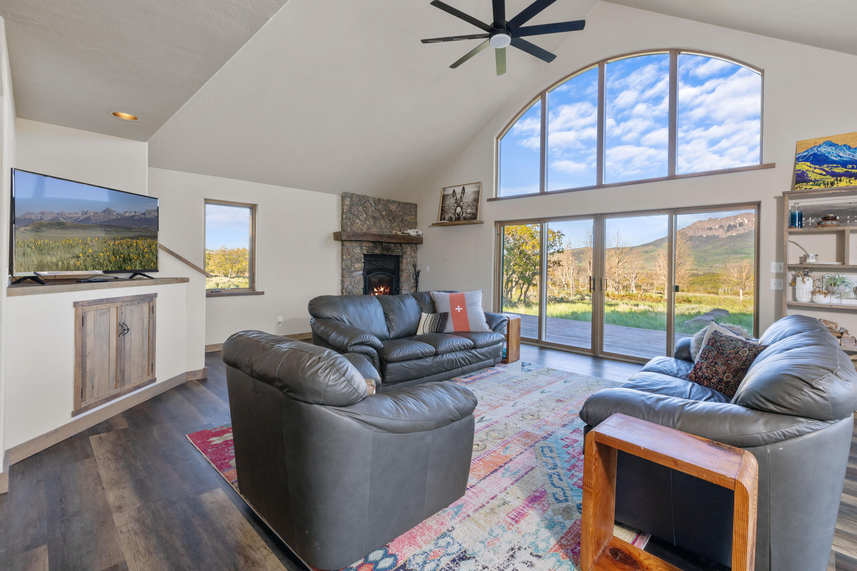 541 Elam Ridge Drive Placerville, CO 81430 - Photo 6 of 36 a living room with furniture a flat screen tv and a large window