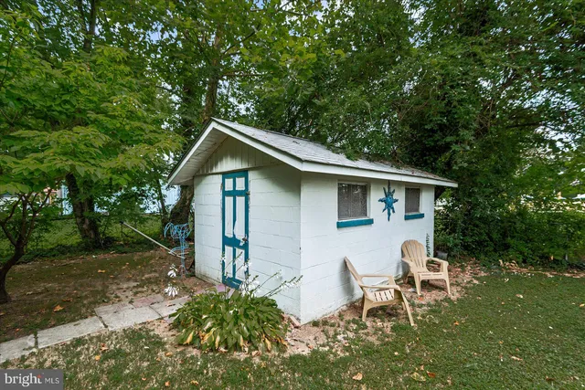 a backyard of a house with table and chairs