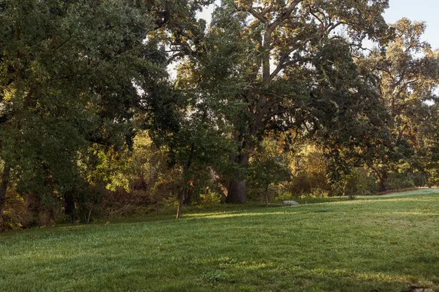 an aerial view of a house with a yard and lake