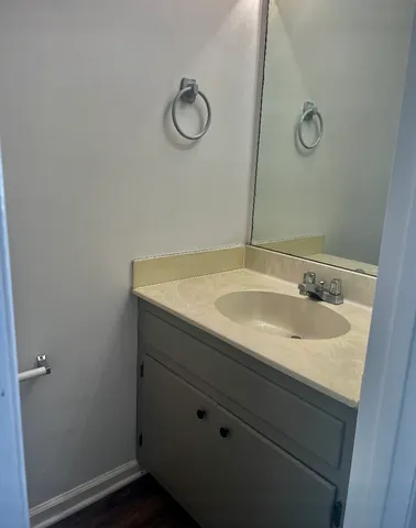 a bathroom with a sink and a mirror