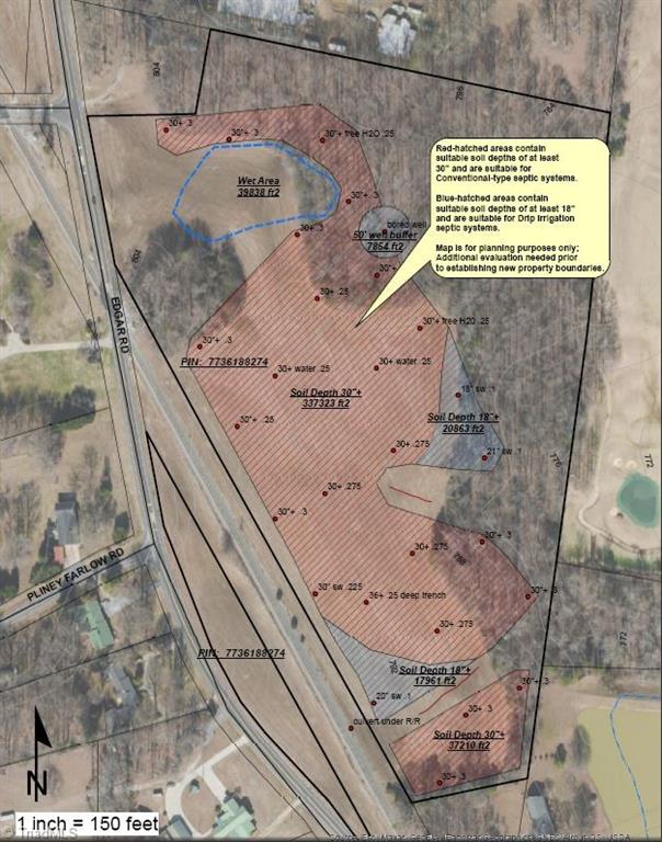 Soil Evaluated by Scott Cole, a Licensed Soil Scientist. According to Scott, Areas shaded in red contain suitable soil depths of at least 30 feet, suitable for most Conventional Septic Systems. Blue areas have a depth of at least 18 feet, and are suitable for Drip Irrigation Systems. 336-460-4554