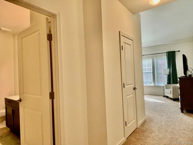 a view of a bathroom with a shower and a mirror