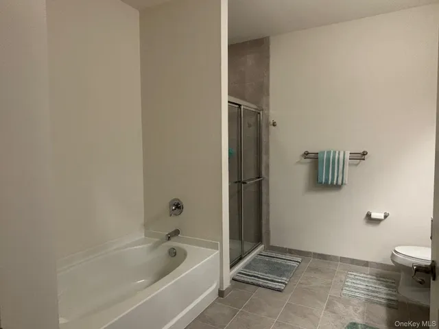 a bathroom with a bathtub and toilet