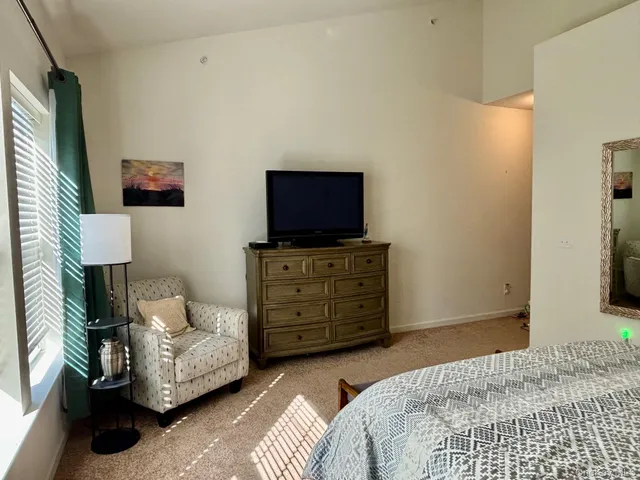 a bedroom with a bed and a television