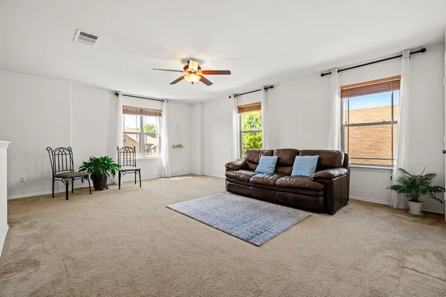 a living room with furniture and a potted plant