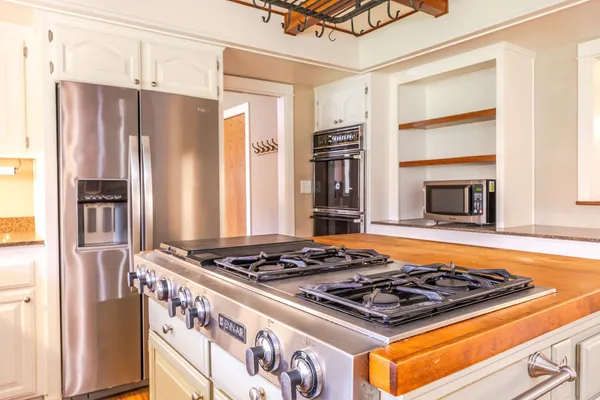 a backyard of a house with lots of green space and fountain