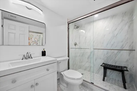 a bathroom with a double vanity sink toilet and shower