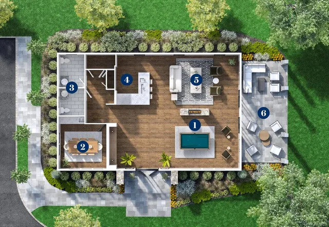an aerial view of a house with swimming pool and garden