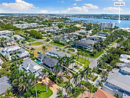 an aerial view of residential houses with outdoor space and trees