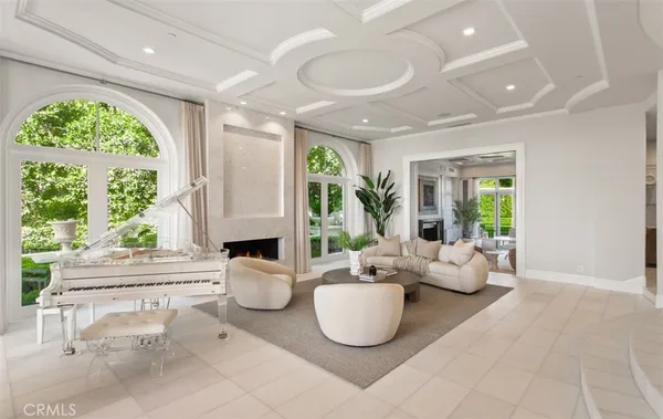 a living room with furniture a potted plant and a flat screen tv