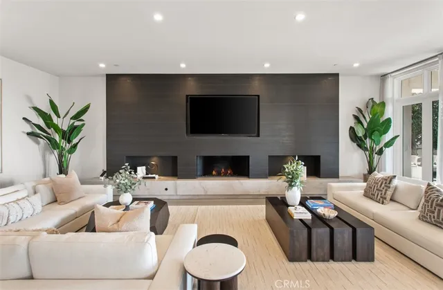 a living room with furniture kitchen view and a potted plant