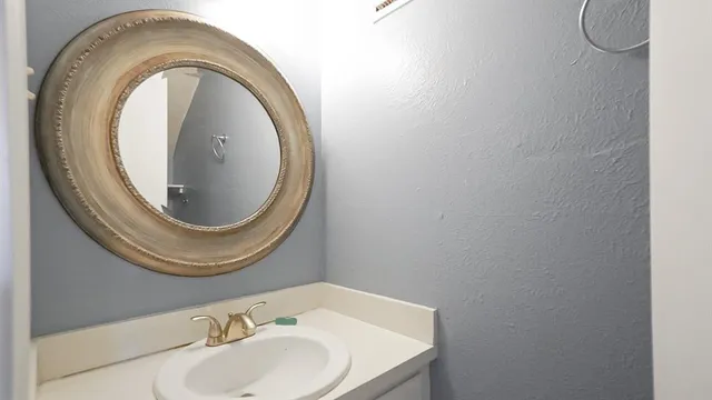 a bathroom with a sink and a mirror