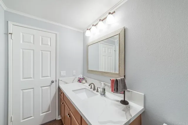 a bathroom with a sink vanity and a mirror