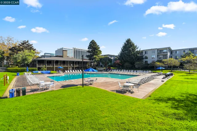 a garden view with a seating space