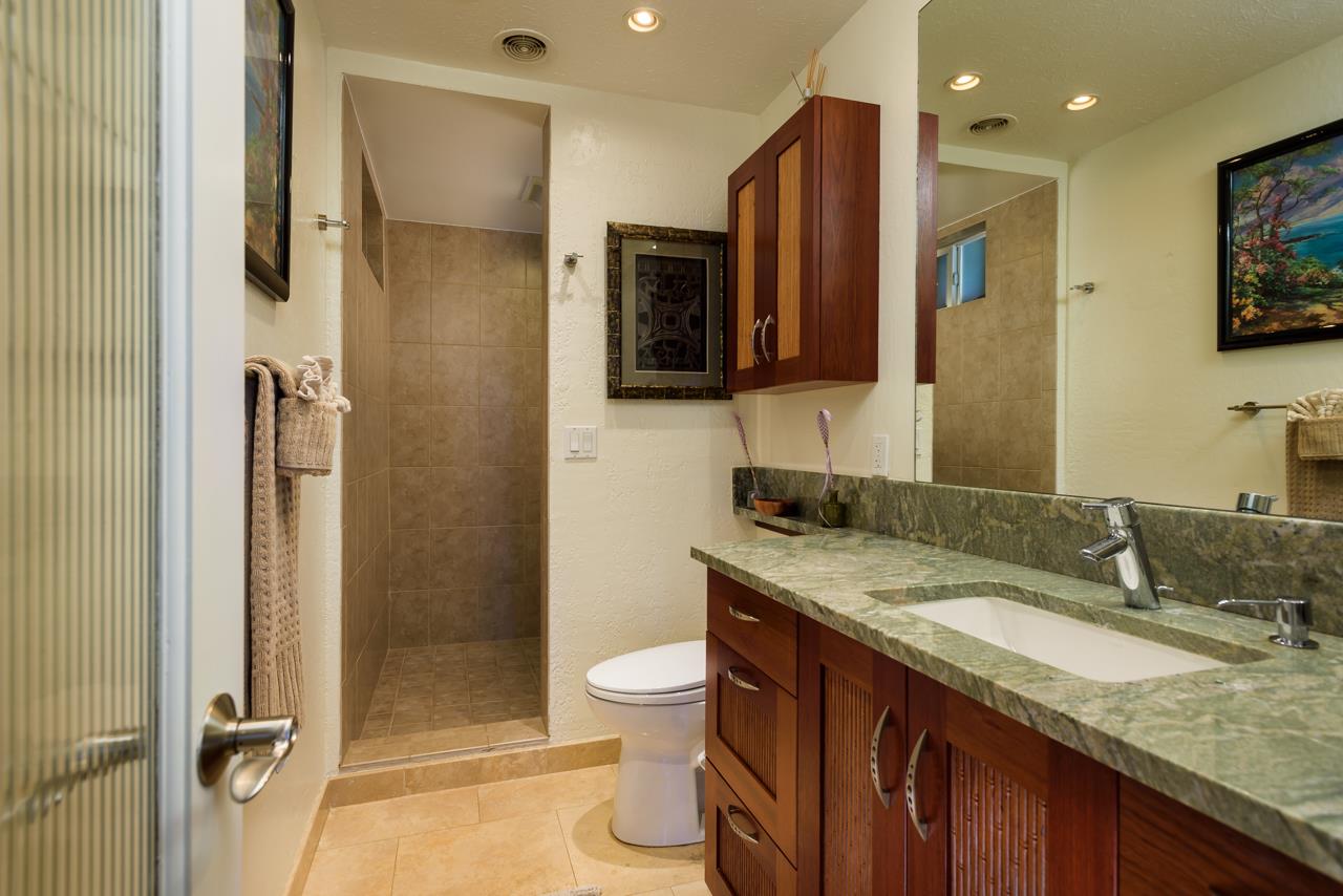 3515 Lower Kula Road Kula, HI 96790 - Photo 15 of 30 a bathroom with a granite countertop sink toilet and shower