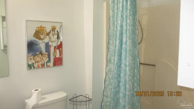 a bathroom with a toilet and a shower curtain