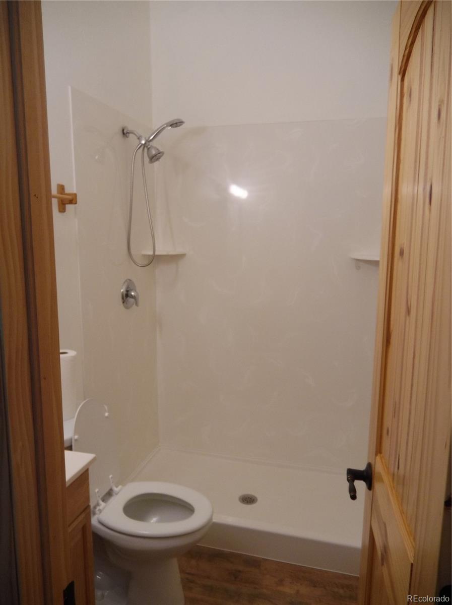 10299 Kingsview Road Austin, CO 81410 - Photo 30 of 40 a bathroom with a granite countertop toilet and a shower