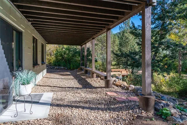 a view of a park with large trees