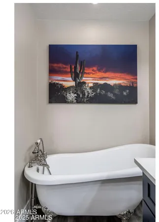 a kitchen with a stove and a mirror