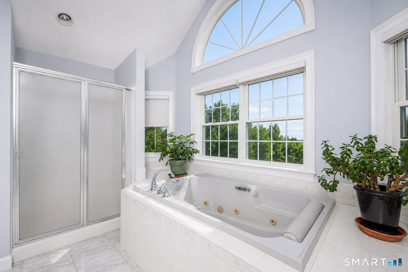 35 Anderson Lane Durham, CT 06422 - Photo 16 of 25 Spa-like primary bath featuring a jetted soaking tub beneath a dramatic arched window, separate shower, vaulted ceiling, and peaceful treetop views.