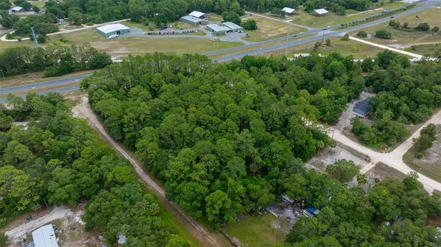 an aerial view of residential houses with outdoor space and trees