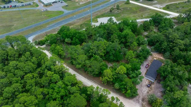 an aerial view of residential houses with outdoor space and trees