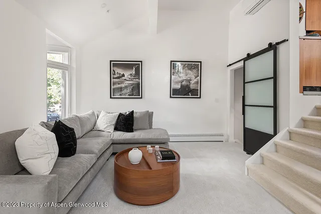 a living room with furniture and a bathtub