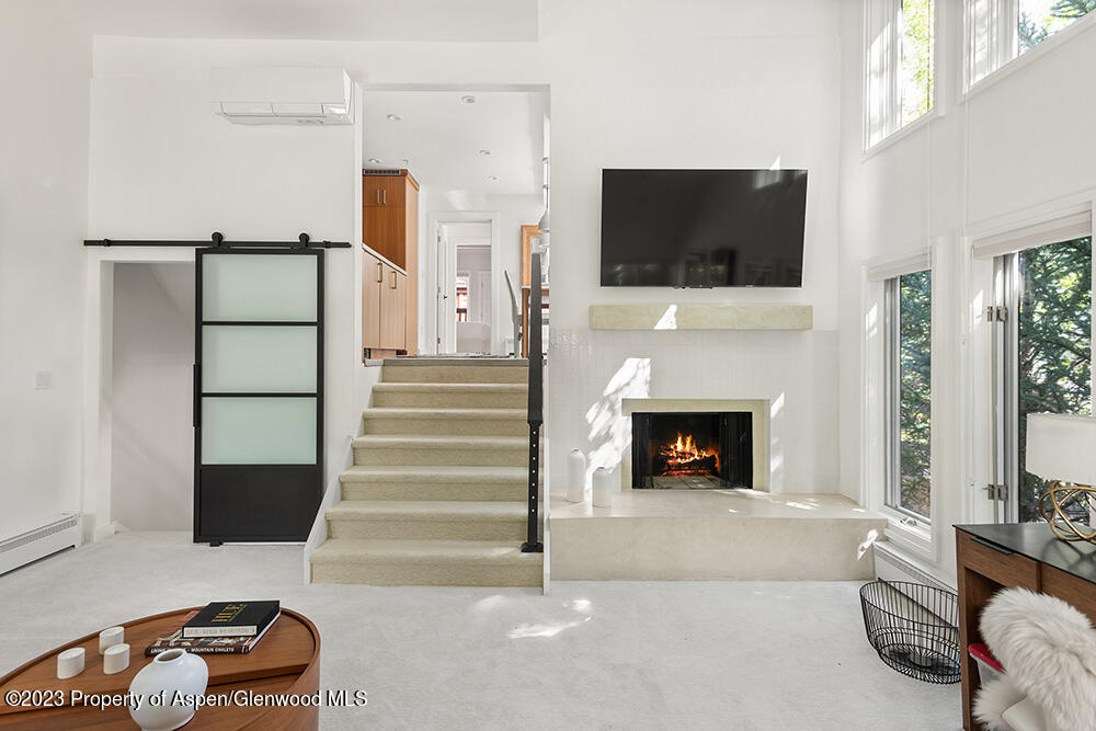 900 East Durant Avenue, Unit 116 Aspen, CO 81611 - Photo 3 of 19 a living room with furniture a flat screen tv and a fireplace