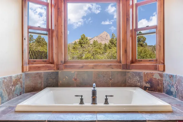 a bathroom with a bath tub