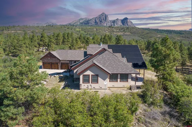 a aerial view of a house with a yard and a large tree