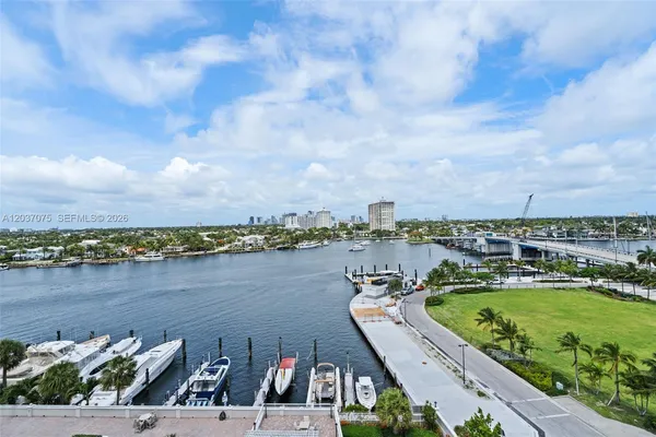 a view of a lake with a city