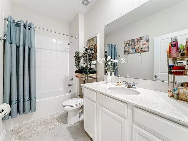 a bathroom with a sink a toilet and shower curtain