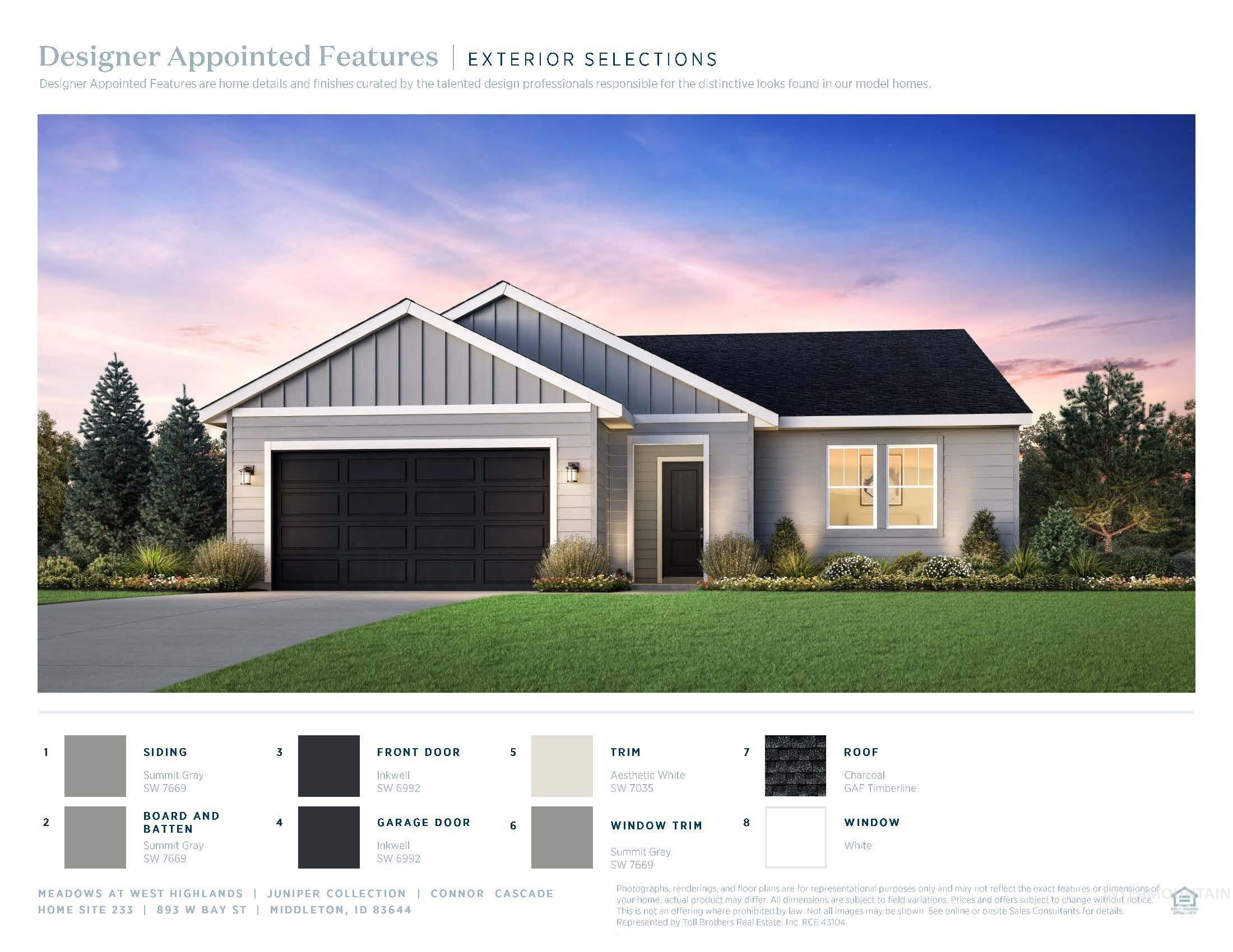 893 West Bay Street Middleton, ID 83644 - Photo 11 of 18 Property Specification Sheet. Outlining exterior material and color selections for the property