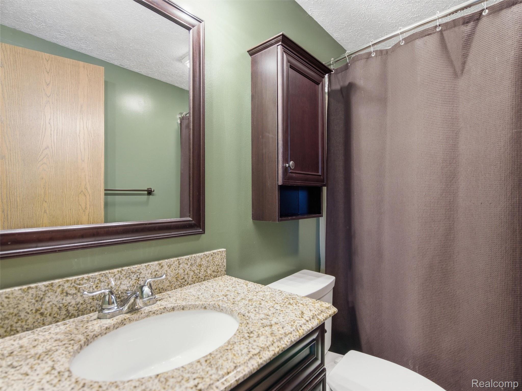 5003 Mason Road Howell, MI 48843 - Photo 23 of 59 Granite-finish countertop with an undermount sink, framed mirror, wall-mounted storage cabinet, and a toilet