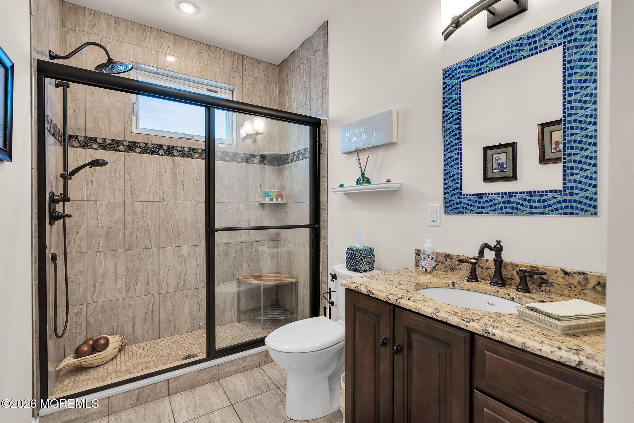 385 Kingfisher Road Tuckerton, NJ 08087 - Photo 18 of 39 a bathroom with a granite countertop sink toilet and shower